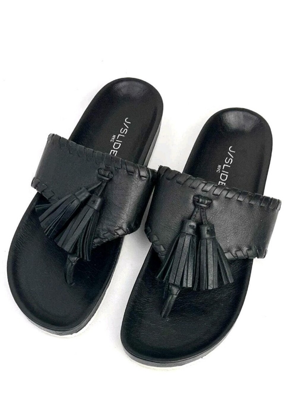 NWOT J Slides $148 Nigel Leather Flip Flops Tassle Front Size 10M Black